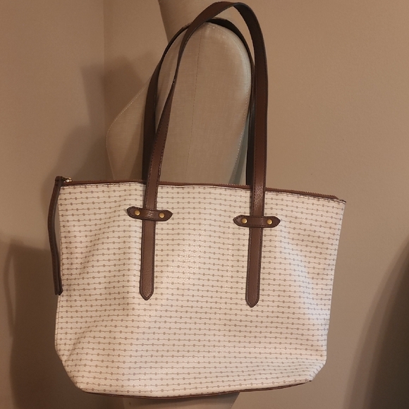 Fossil White and Brown Tote Bag with Leather Trim - Picture 3 of 6